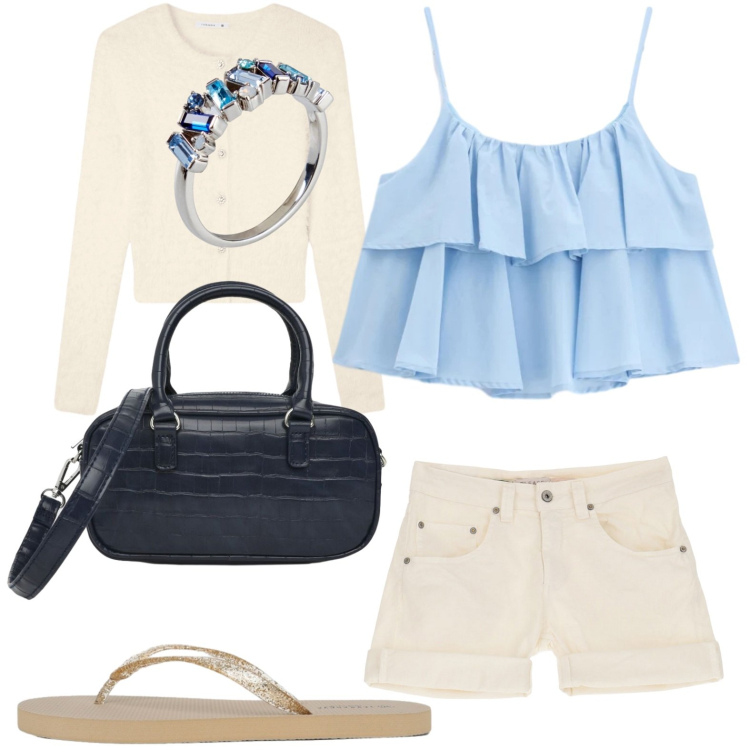 Outfit donna - L\'anello luminoso. Stile Glamour per Tutti i giorni. Abbinamento con anelli, cardigans, infradito, borse a spalla, shorts, top.
