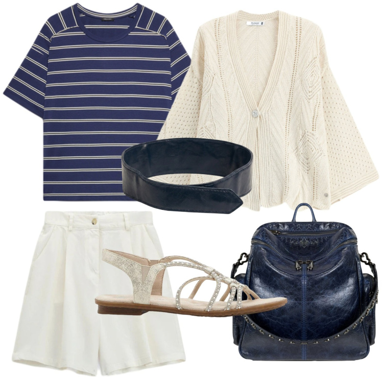 Outfit donna - Righe metropolitane. Stile Glamour per Tutti i giorni. Abbinamento con sandali, bermuda, cardigans, t-shirt, zaini, cinture.