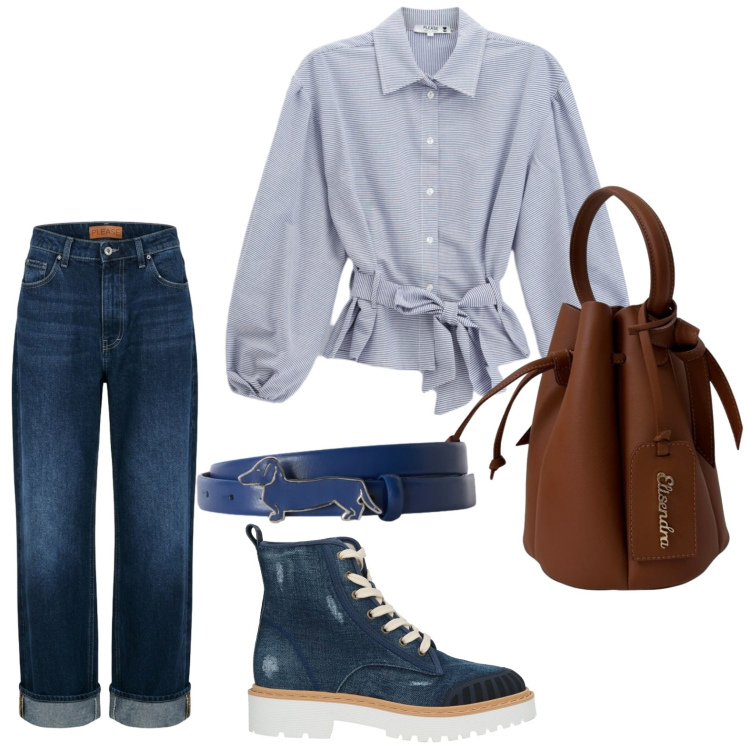 Outfit donna - La camicia con cintura. Stile Casual per Tutti i giorni. Abbinamento con stivaletti, camicie, jeans dritti, cinture, borse a secchiello.