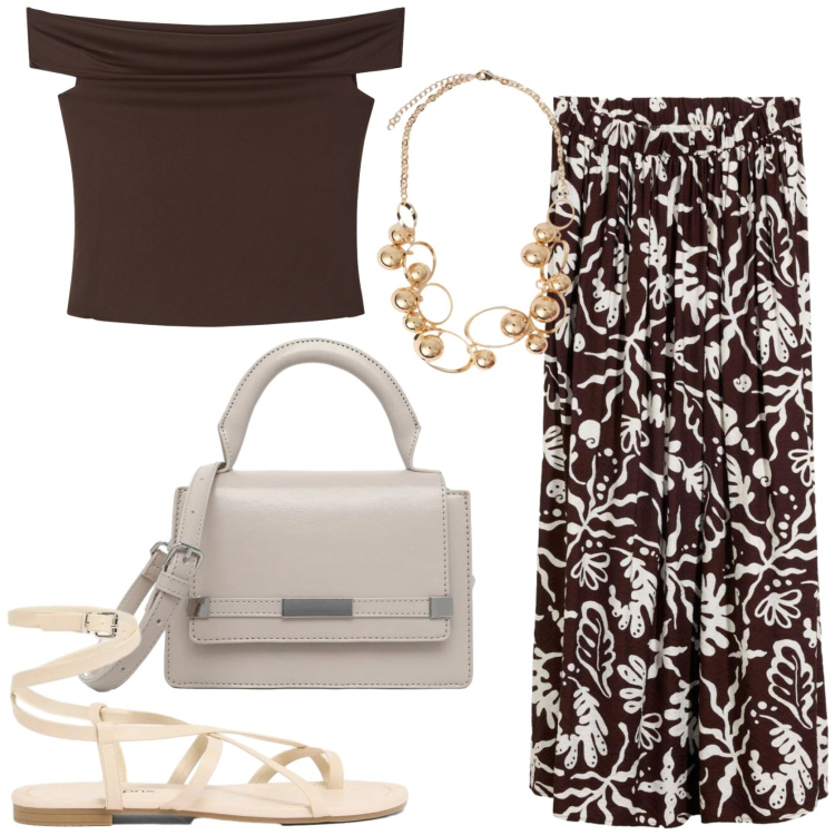 Outfit donna - Sere d\'agosto. Stile Chic per Serata fuori. Abbinamento con sandali, gonne longuette, top, borse a tracolla, collane.