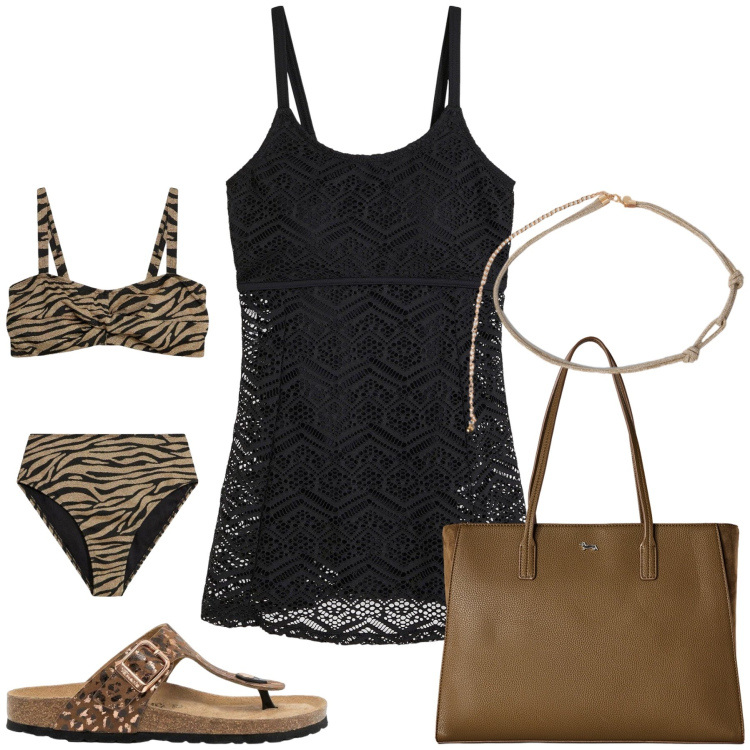Outfit donna - Total look #2453485. Stile Casual chic per Tutti i giorni. Abbinamento con vestiti da spiaggia, infradito, bikini, shopping bag, cinture.