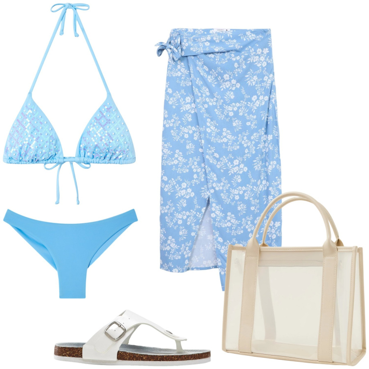 Outfit donna - Total look #2453487. Stile Casual chic per Tutti i giorni. Abbinamento con infradito, borse tote, vestiti da spiaggia, bikini, bikini.