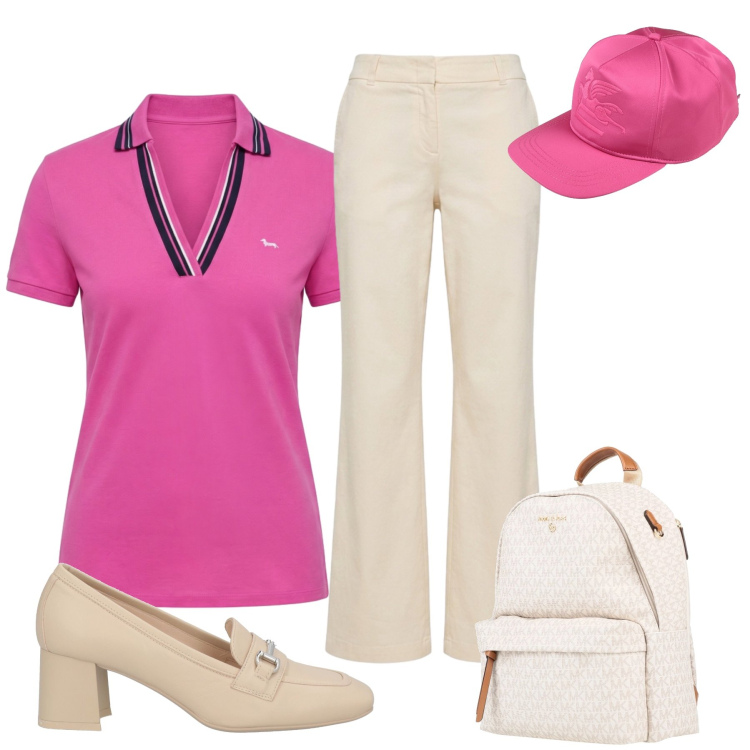 Outfit donna - Total look #2453489. Stile Casual chic per Tutti i giorni. Abbinamento con zaini, cappelli con visiera, mocassini, polo, pantaloni.