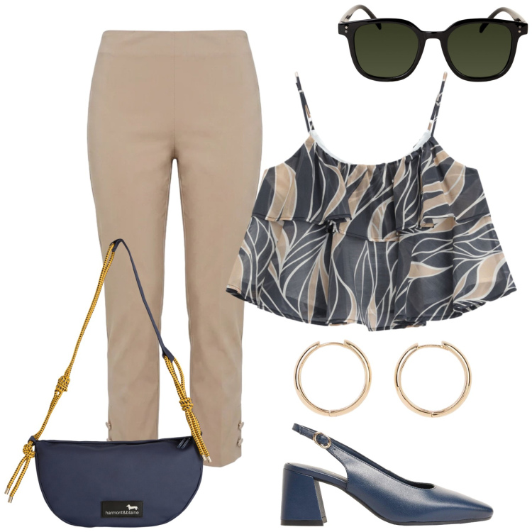 Outfit donna - Total look #2453490. Stile Casual chic per Tutti i giorni. Abbinamento con orecchini, décolleté, top, borse a tracolla, pantaloni, occhiali da sole.
