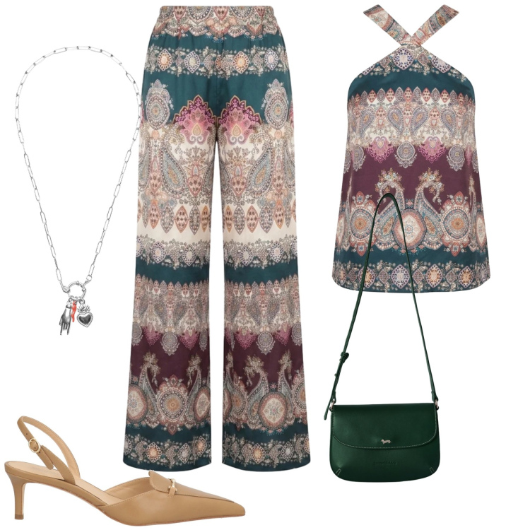 Outfit donna - Total look #2453492. Stile Casual chic per Tutti i giorni. Abbinamento con décolleté, borse a tracolla, pantaloni a palazzo, top, ciondoli.