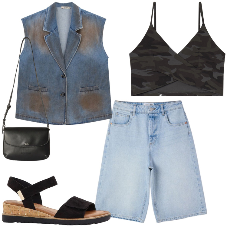 Outfit donna - Total look #2453495. Stile Casual chic per Tutti i giorni. Abbinamento con sandali, bermuda, gilet, borse a tracolla, top.