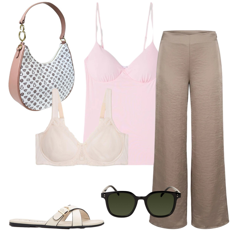 Outfit donna - Total look #2453496. Stile Casual chic per Tutti i giorni. Abbinamento con reggiseni, ciabatte, canottiere, occhiali da sole, borse a spalla, pantaloni a palazzo.
