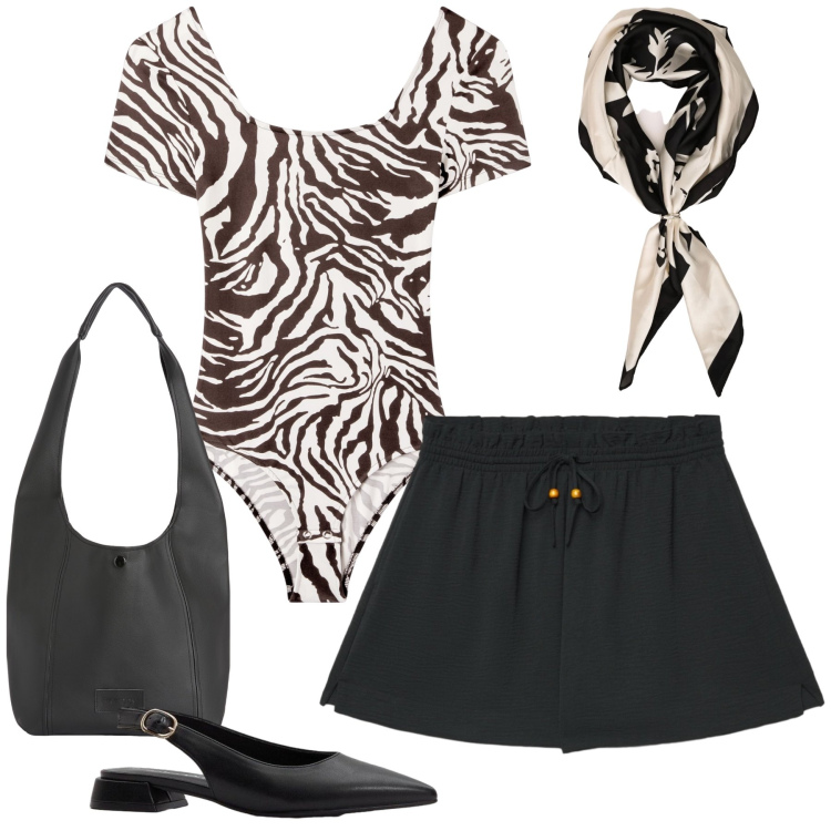 Outfit donna - Total look #2453497. Stile Casual chic per Tutti i giorni. Abbinamento con ballerine, body, shorts, foulard, borse a spalla.