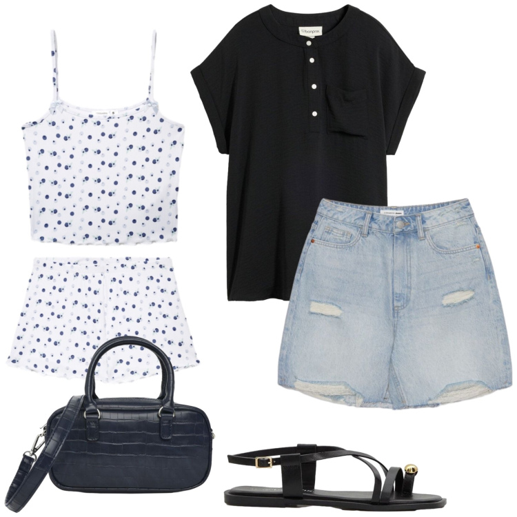 Outfit donna - Total look #2453498. Stile Casual chic per Tutti i giorni. Abbinamento con bluse, sandali, pigiama, bermuda, borse a spalla.