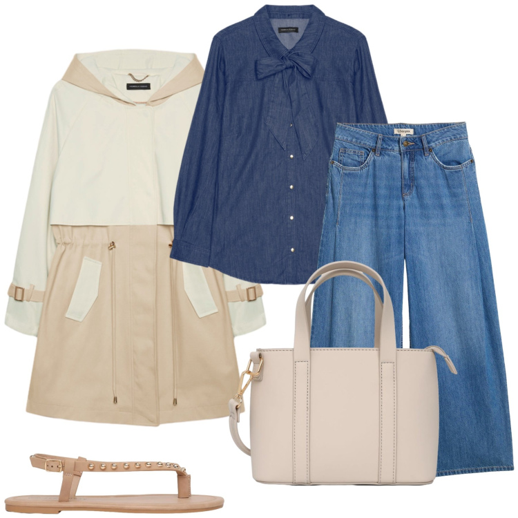 Outfit donna - Total look #2453500. Stile Casual chic per Tutti i giorni. Abbinamento con jeans, borse a tracolla, ciabatte, cappotti, camicie.
