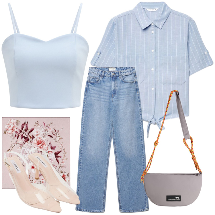 Outfit donna - Total look #2453502. Stile Casual chic per Tutti i giorni. Abbinamento con sandali col tacco, camicie a manica corta, jeans, foulard, borse a tracolla, top.