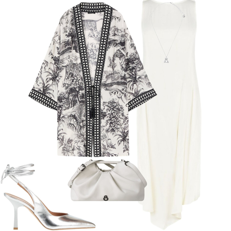 Outfit donna - Vacanze boho al mare. Stile Casual chic per Tutti i giorni. Abbinamento con décolleté, caftani, vestiti asimmetrici, ciondoli, clutch.