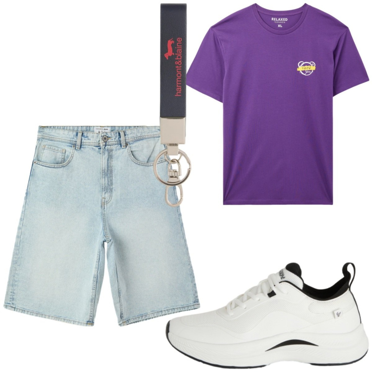 Outfit uomo - Ferragosto style. Stile Urban per Tutti i giorni. Abbinamento con portachiavi, t-shirt, bermuda, sneakers.