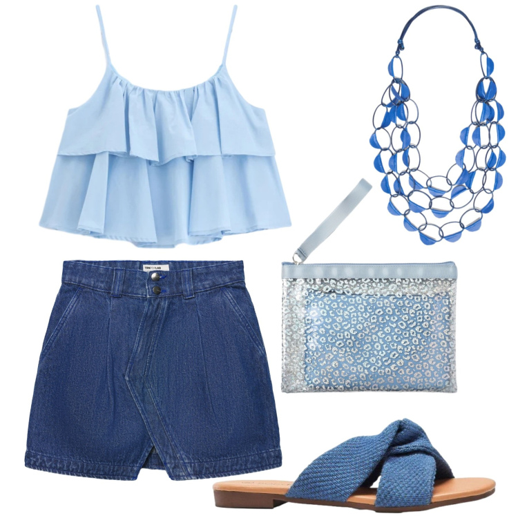 Outfit donna - Estate in blu. Stile Casual per Tutti i giorni. Abbinamento con ciabatte, minigonne, pochette, top, collane.