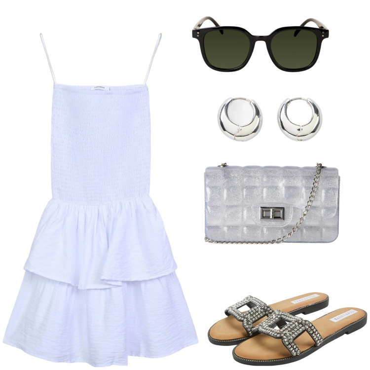 Outfit donna - Bianca. Stile Casual per Tutti i giorni. Abbinamento con orecchini, ciabatte, vestiti corti, borse a tracolla, occhiali da sole.