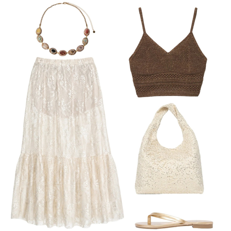 Outfit donna - Boho. Stile Boho per Tutti i giorni. Abbinamento con sandali, top, borse a spalla, gonne lunghe, collane.