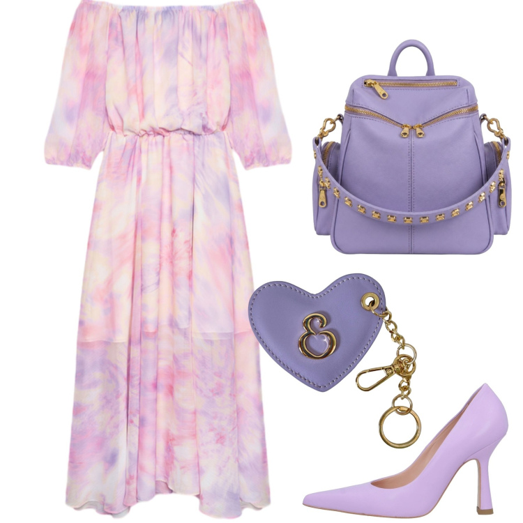 Outfit donna - Pastello in estate. Stile Romantica per Ufficio. Abbinamento con décolleté, vestiti lunghi, zaini, portachiavi.