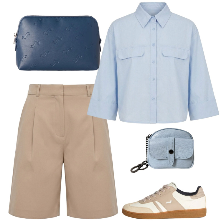 Outfit donna - Tour minimale. Stile Minimal per Tutti i giorni. Abbinamento con pochette, sneakers, bermuda, portachiavi, camicie a manica corta.
