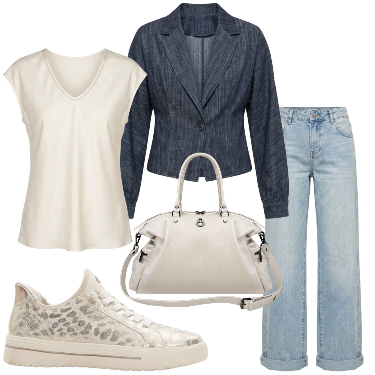 Outfit donna - Total look #2453531. Stile Casual chic per Ufficio. Abbinamento con sneakers, jeans, blazer, t-shirt, shopping bag.