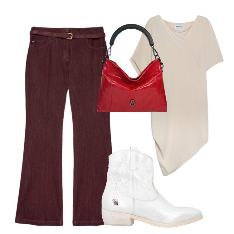 Outfit donna - Maglia beige. Stile Etnico per Scuola/Università. Abbinamento con stivaletti texani, maglieria, jeans, borse a mano.