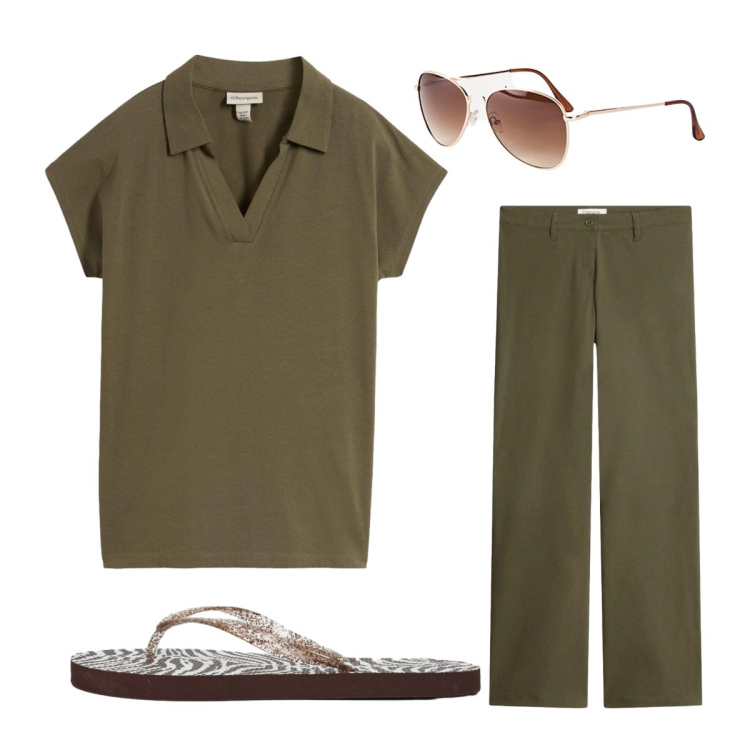Outfit donna - Completo kaki. Stile Military per Tutti i giorni. look ideale per Petite. Abbinamento con pantaloni, polo, occhiali da sole, infradito.