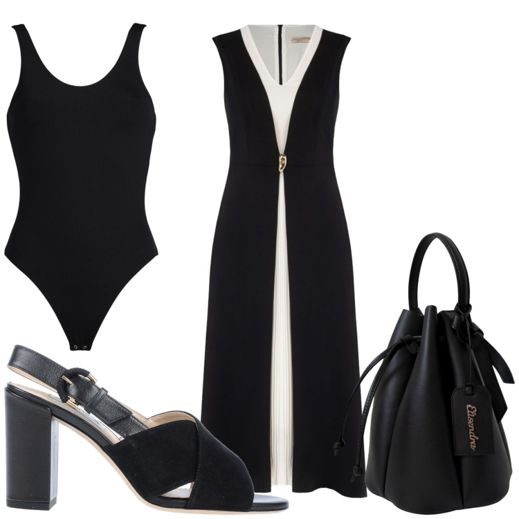 Outfit donna - Serata in nero e bianco. Stile Glamour per Serata fuori. Abbinamento con body, sandali in pelle, vestiti lunghi, borse a secchiello.