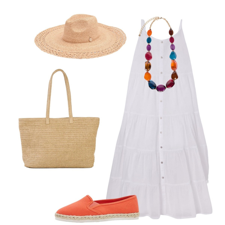 Outfit donna - Pennellate di colore. Stile Boho per Mare. Abbinamento con shopping bag, espadrillas, vestiti lunghi, collane, cappelli.