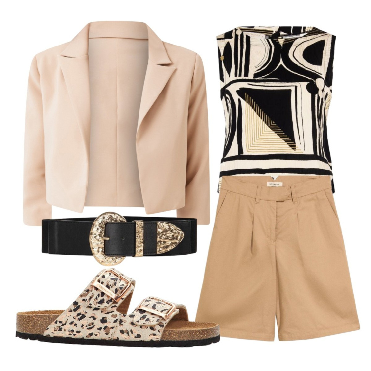 Outfit donna - Ufficio agosto. Stile Mannish per Ufficio. Abbinamento con ciabatte, bermuda, top, cinture, blazer.
