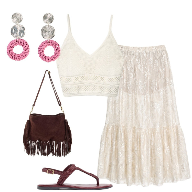 Outfit donna - Hippy chic vibes. Stile Boho per Mare. Abbinamento con orecchini, ciabatte, borse a tracolla, top, gonne lunghe.