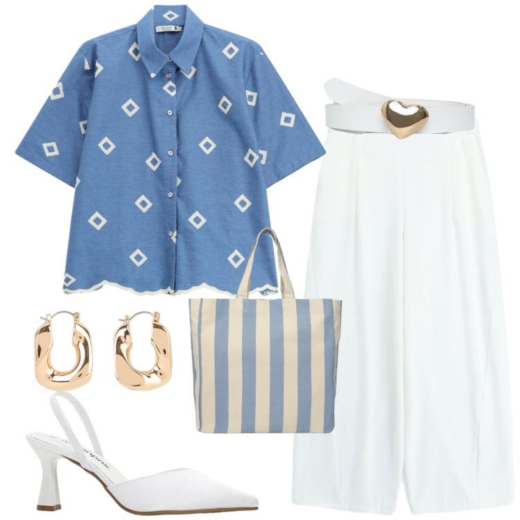 Outfit donna - Casual. Stile Casual per Tutti i giorni. Abbinamento con décolleté, orecchini, shopping bag, cinture, camicie a manica corta, pantaloni a palazzo.