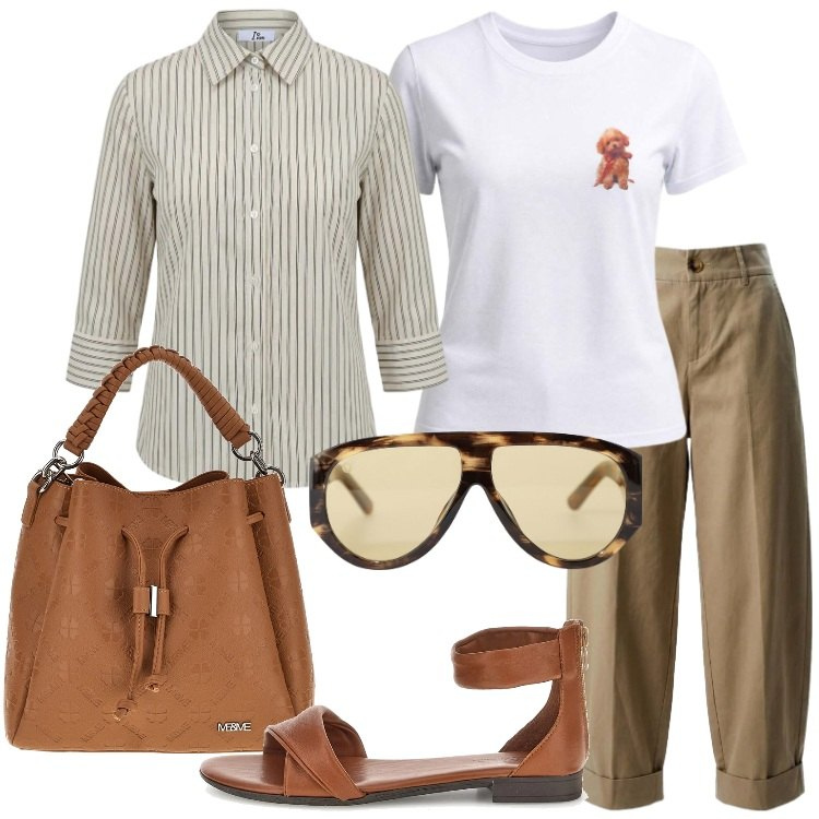 Outfit donna - Metropolitan Escape. Stile Basic per Tutti i giorni. Abbinamento con pantaloni, camicie, t-shirt, occhiali da sole, borse a tracolla, sandali.