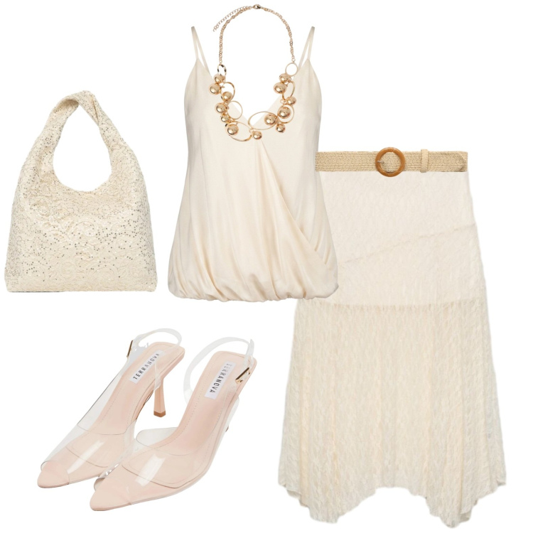 Outfit donna - Sere d\'estate. Stile Casual chic per Serata fuori. Abbinamento con gonne longuette, borse a spalla, cinture, sandali col tacco, top, collane.