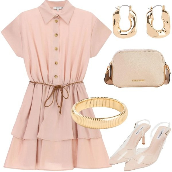 Outfit donna - A cena fuori. Stile Casual chic per Tutti i giorni. Abbinamento con borse a tracolla, braccialetti, orecchini, sandali col tacco, vestiti corti.