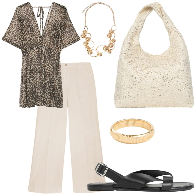 Outfit donna - Oro e sabbia. Stile Etnico per Mare. Abbinamento con sandali, braccialetti, borse a spalla, caftani, pantaloni a palazzo, collane.