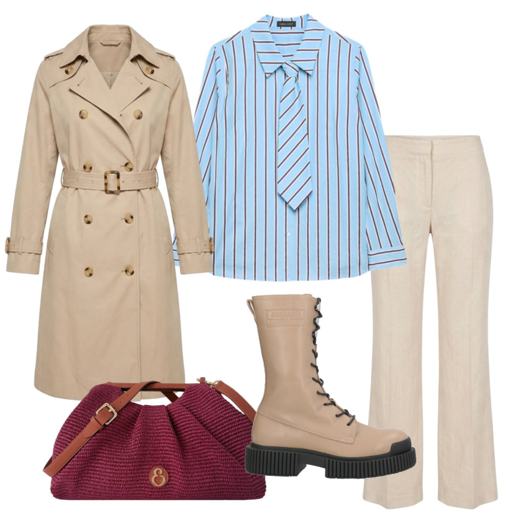 Outfit donna - Rigore con stile. Stile Urban per Ufficio. Abbinamento con stivaletti, camicie, clutch, trench, pantaloni.