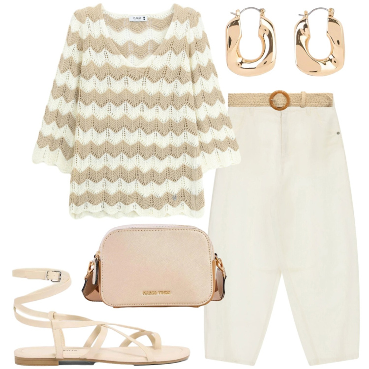 Outfit donna - Tonalità naturali. Stile Casual per Tutti i giorni. Abbinamento con borse a tracolla, sandali, orecchini, cinture, maglieria, pantaloni.