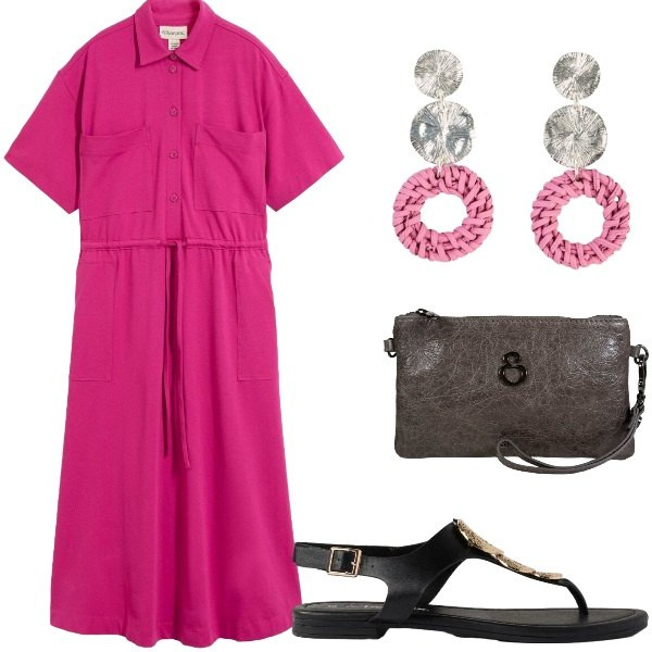 Outfit donna - Estate. Stile Casual per Tutti i giorni. Abbinamento con sandali, orecchini, vestiti, pochette.