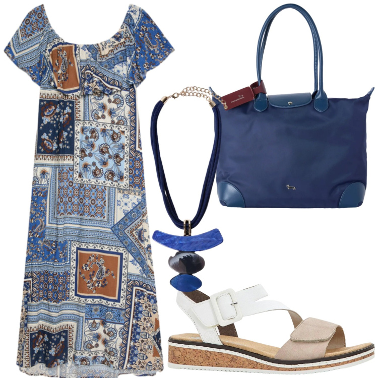 Outfit donna - Blue stars. Stile Casual chic per Mare. Abbinamento con sandali, shopping bag, vestiti lunghi, ciondoli.