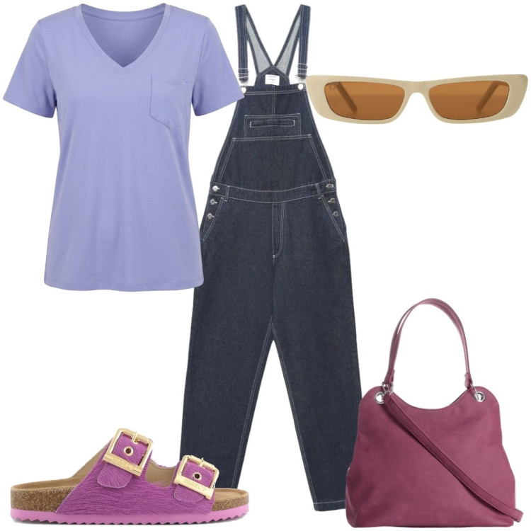 Outfit donna - Metropolitan Escape : la salopette. Stile Trendy per Tutti i giorni. Abbinamento con borse a mano, salopette, occhiali da sole, sandali in pelle, t-shirt.