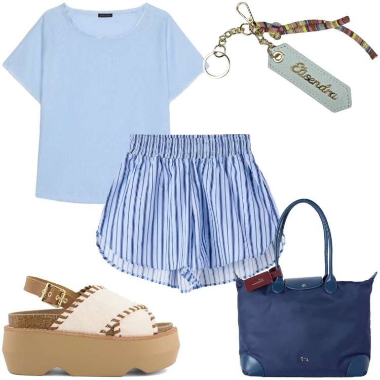 Outfit donna - Metropolitan Escape: comoda. Stile Trendy per Tutti i giorni. Abbinamento con shorts, shopping bag, t-shirt, portachiavi, zeppe.
