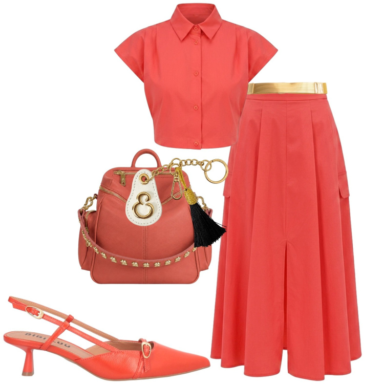 Outfit donna - Sera d\'agosto. Stile Casual chic per Serata fuori. Abbinamento con décolleté, cinture, gonne lunghe, camicie a manica corta, portachiavi, zaini.