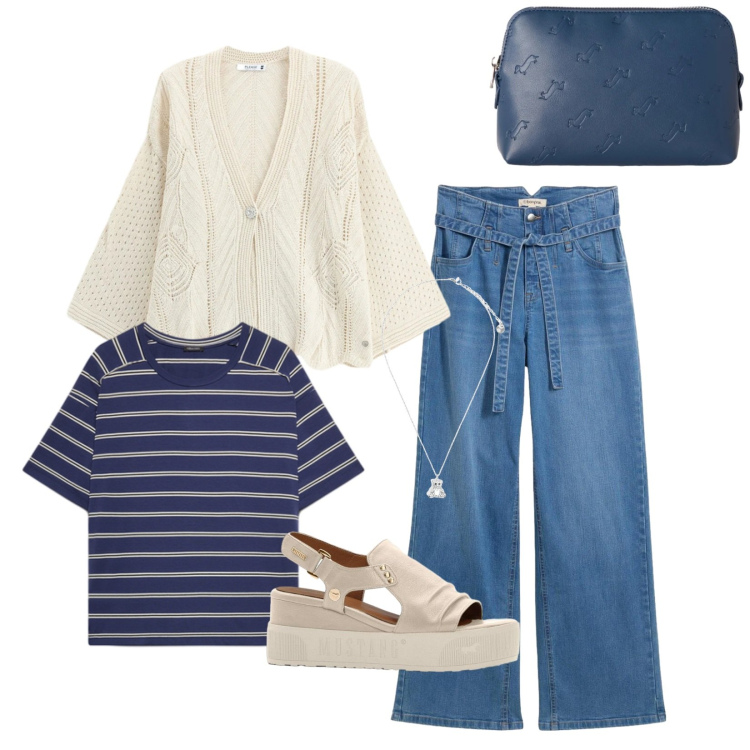 Outfit donna - Blue marine. Stile Casual per Tutti i giorni. Abbinamento con jeans, sandali, cardigans, pochette, t-shirt, ciondoli.