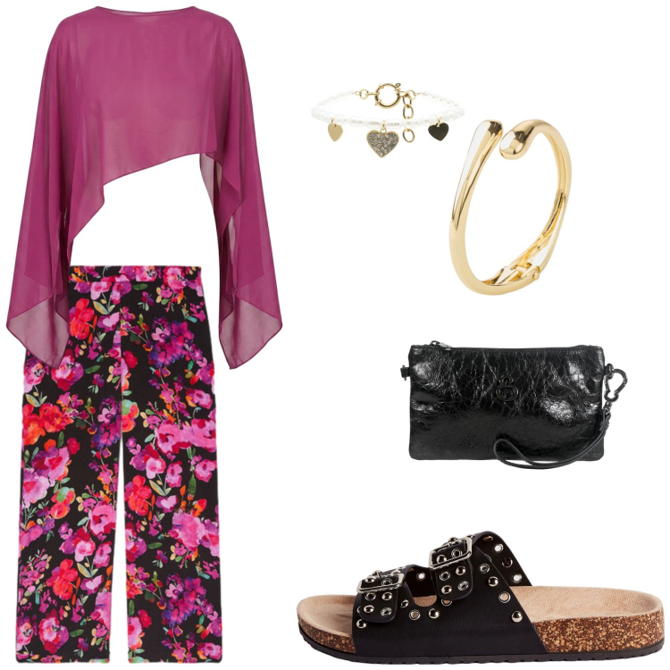 Outfit donna - Lampone e more. Stile Casual chic per Serata fuori. Abbinamento con braccialetti, ciabatte, pantaloni, top, braccialetti, pochette.