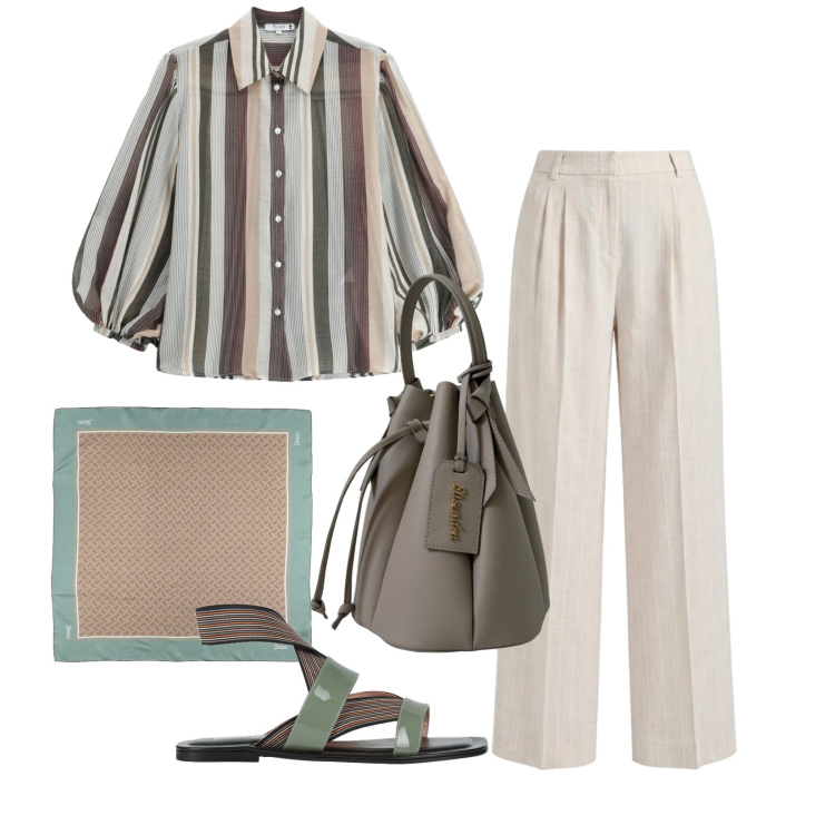 Outfit donna - Linee fluide. Stile Casual chic per Serata fuori. Abbinamento con sciarpe, sandali in pelle, pantaloni, camicie, borse a secchiello.