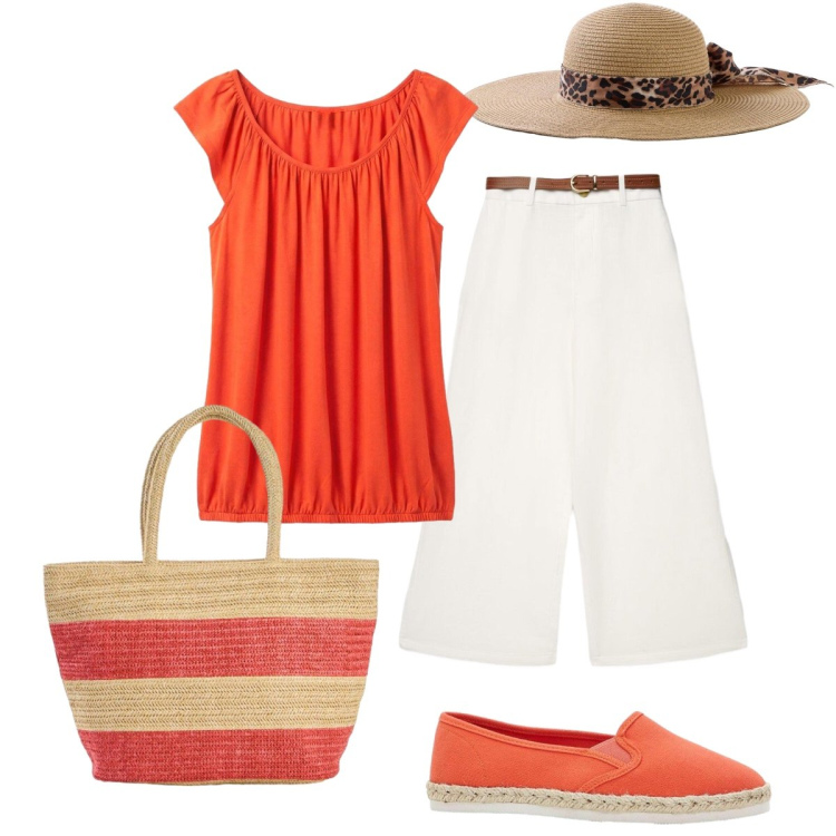 Outfit donna - Passeggiata rilassante in centro. Stile Boho per Tutti i giorni. Abbinamento con shopping bag, cappelli, espadrillas, top, pantaloni a palazzo.