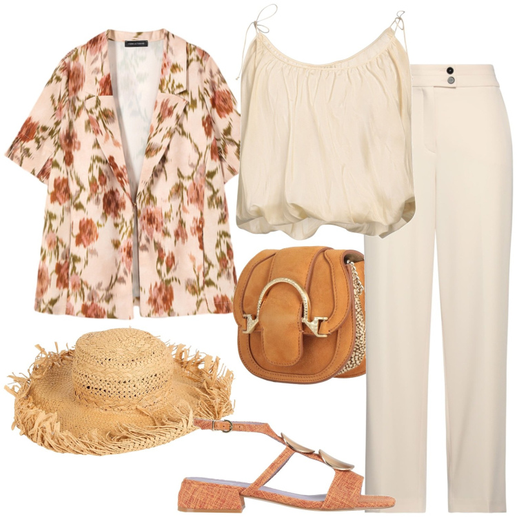 Outfit donna - Colori naturali. Stile Casual chic per Tutti i giorni. Abbinamento con marsupi, pantaloni, cappelli, top, sandali in pelle, blazer.