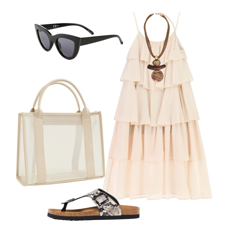 Outfit donna - Look solare e libero. Stile Glamour per Tutti i giorni. Abbinamento con occhiali da sole, infradito, borse tote, vestiti lunghi, ciondoli.
