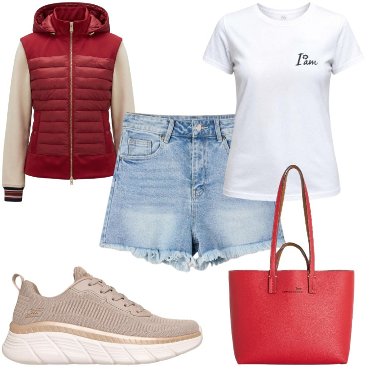 Outfit donna - Metropolitan Escape : shorts. Stile Trendy per Tutti i giorni. Abbinamento con shorts, t-shirt, shopping bag, piumini, sneakers.