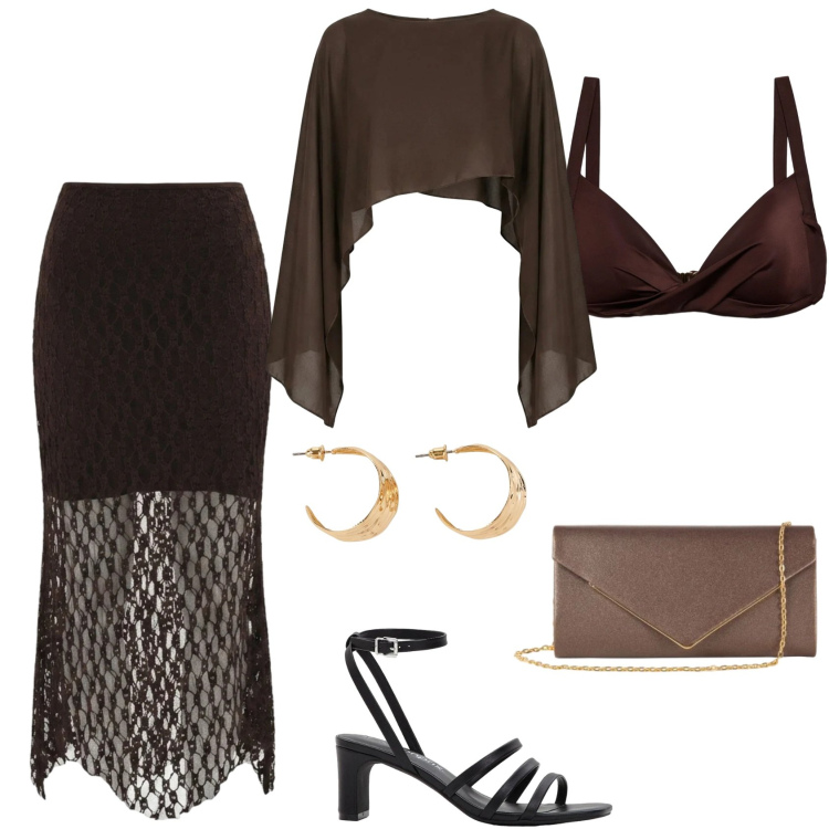 Outfit donna - Cena vista mare - Focus Donna Curvy. Stile Chic per Serata fuori. Abbinamento con orecchini, sandali col tacco, bikini, gonne longuette, clutch, top.
