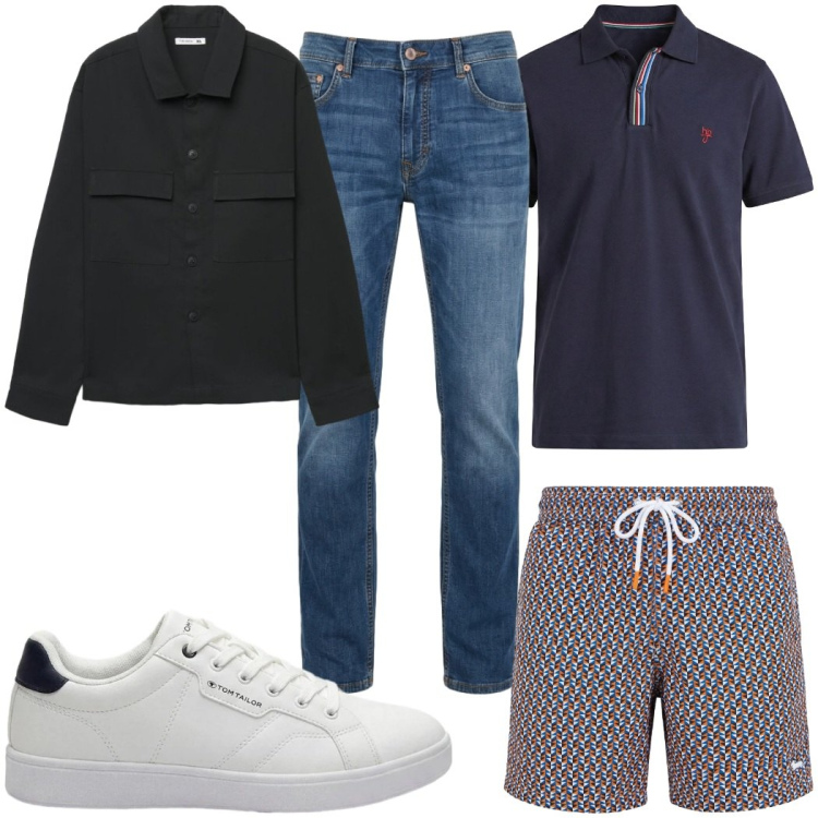 Outfit uomo - Total look #2453609. Stile Trendy per Mare. Abbinamento con sneakers, jeans, polo, costumi, camicie.